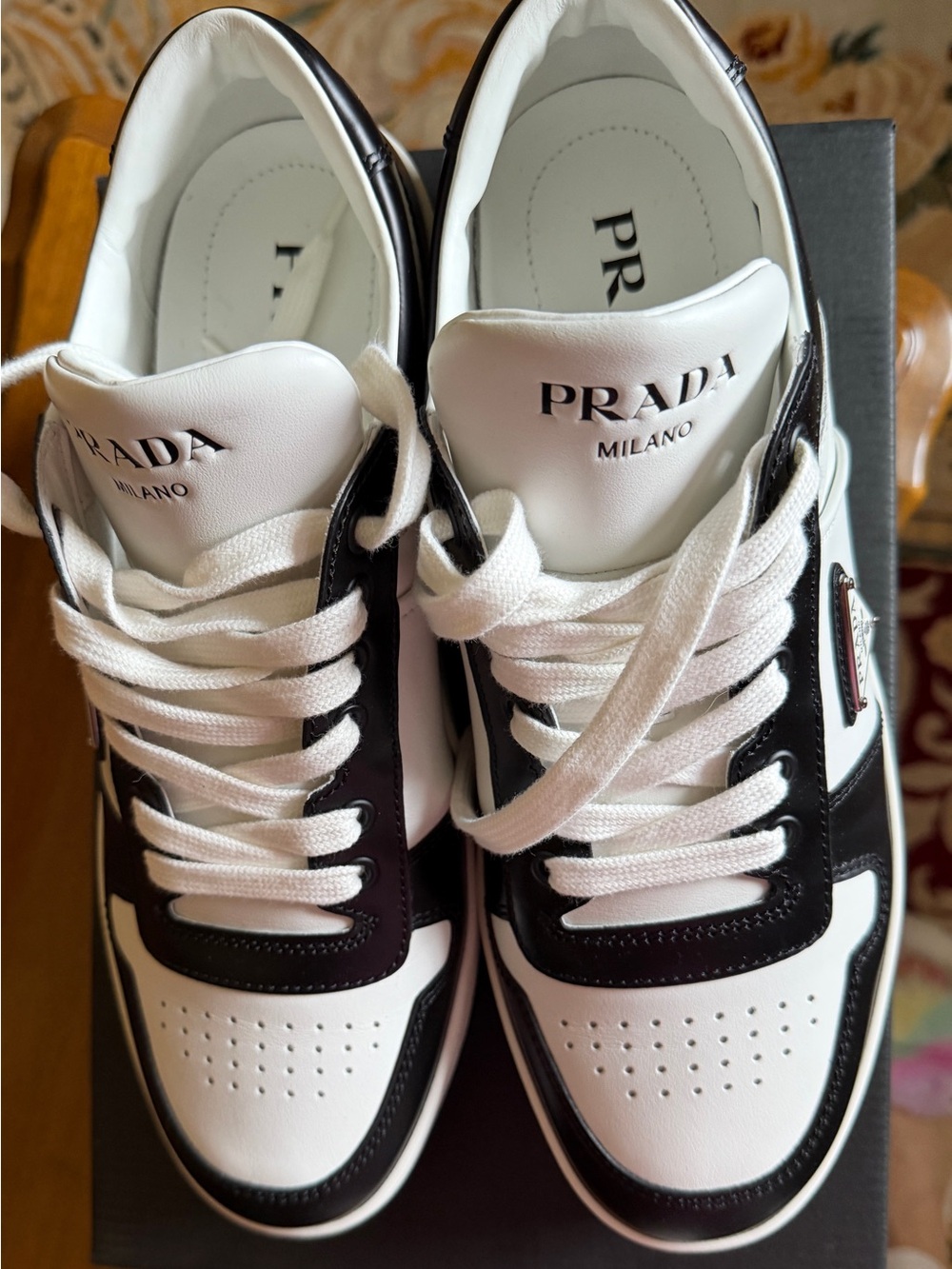 Prada Black and White Leather Low-Top Sneakers